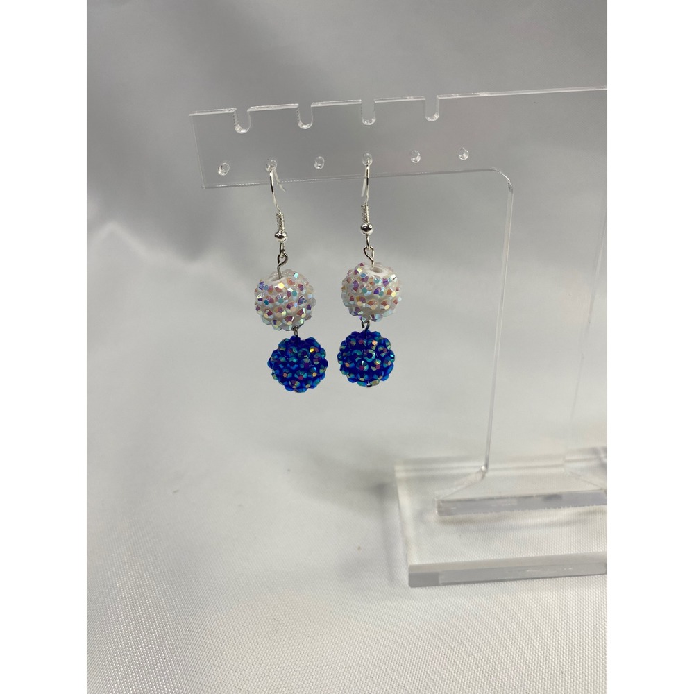 Sparkly Disco Ball Earrings Blue White Dangle Drop Rhinestone Handmade